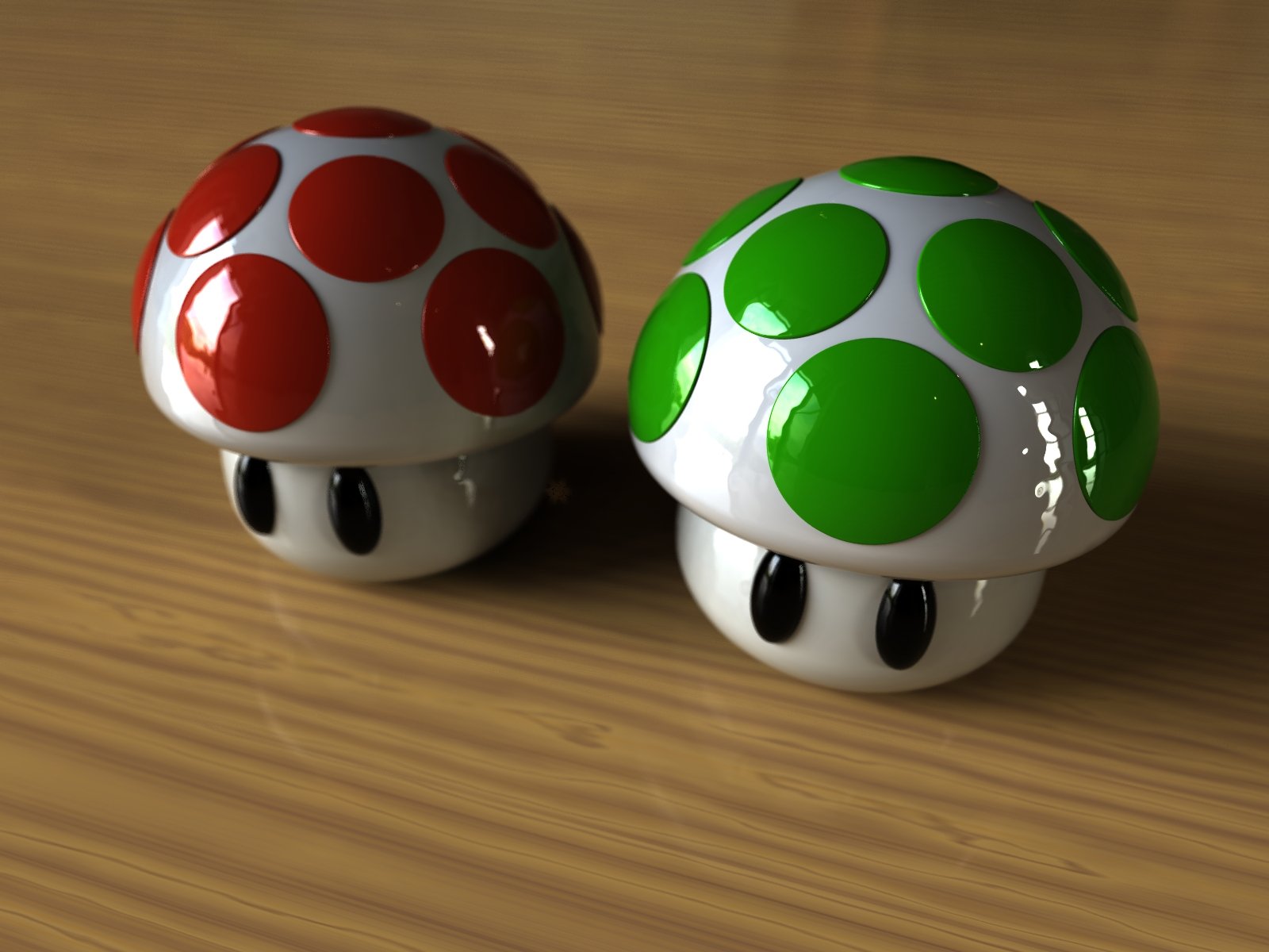 Colorful red and green mushrooms from the Super Mario video game, displayed against a wooden background, create a vibrant HD PC desktop wallpaper.