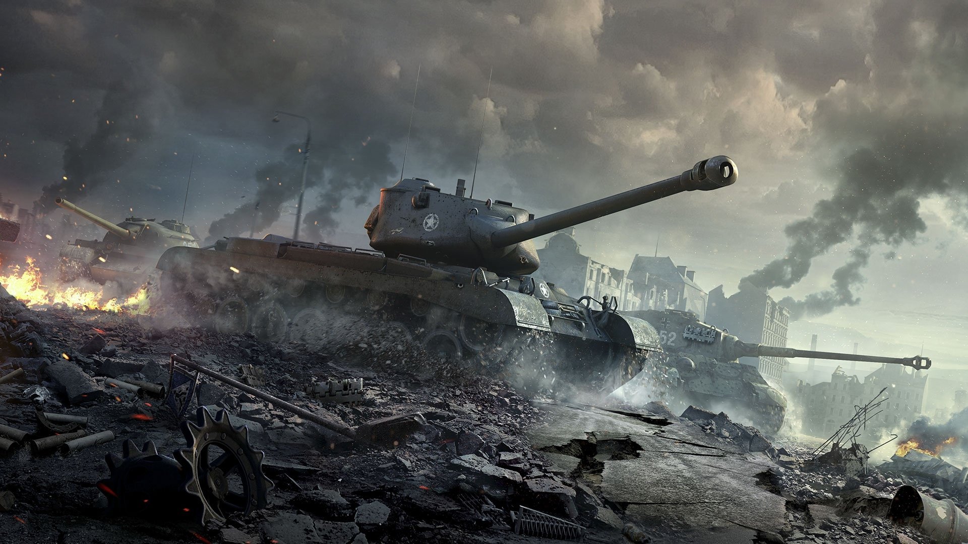 HD desktop wallpaper featuring the Tiger II tank from the video game World of Tanks, set in a smoky, war-torn battlefield environment.