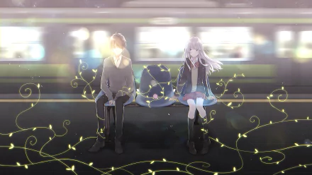 An anime couple at a train station, with a schoolgirl in a uniform and white hair, sitting beside a boy. The scene is illuminated with glowing patterns, creating a magical atmosphere. HD desktop wallpaper.