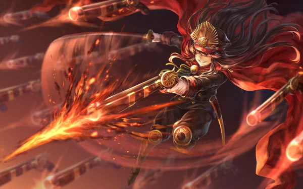 HD anime desktop wallpaper featuring Oda Nobukatsu from Fate/Grand Order, depicted in dynamic action with flames and a sword amid intense battle effects.