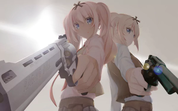 Anime illustration of two blonde characters with twintails, holding pistols. Both characters have determined expressions, with one pointing a white gun and the other a black gun. HD desktop wallpaper background.