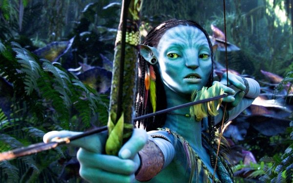 Film Avatar Neytiri Green Eyes Bow Arrow Arme Long Hair Brown Hair Plume Nature Bracelet Fond d'écran HD | Image