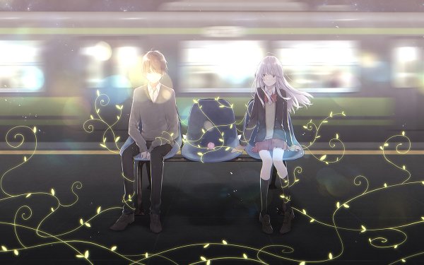 Anime Original Couple Train Station White Hair Schoolgirl School Uniform HD Wallpaper | Background Image