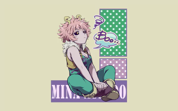 HD desktop wallpaper featuring Mina Ashido from My Hero Academia with a playful Boo... speech bubble in front of a colorful polka-dot background.