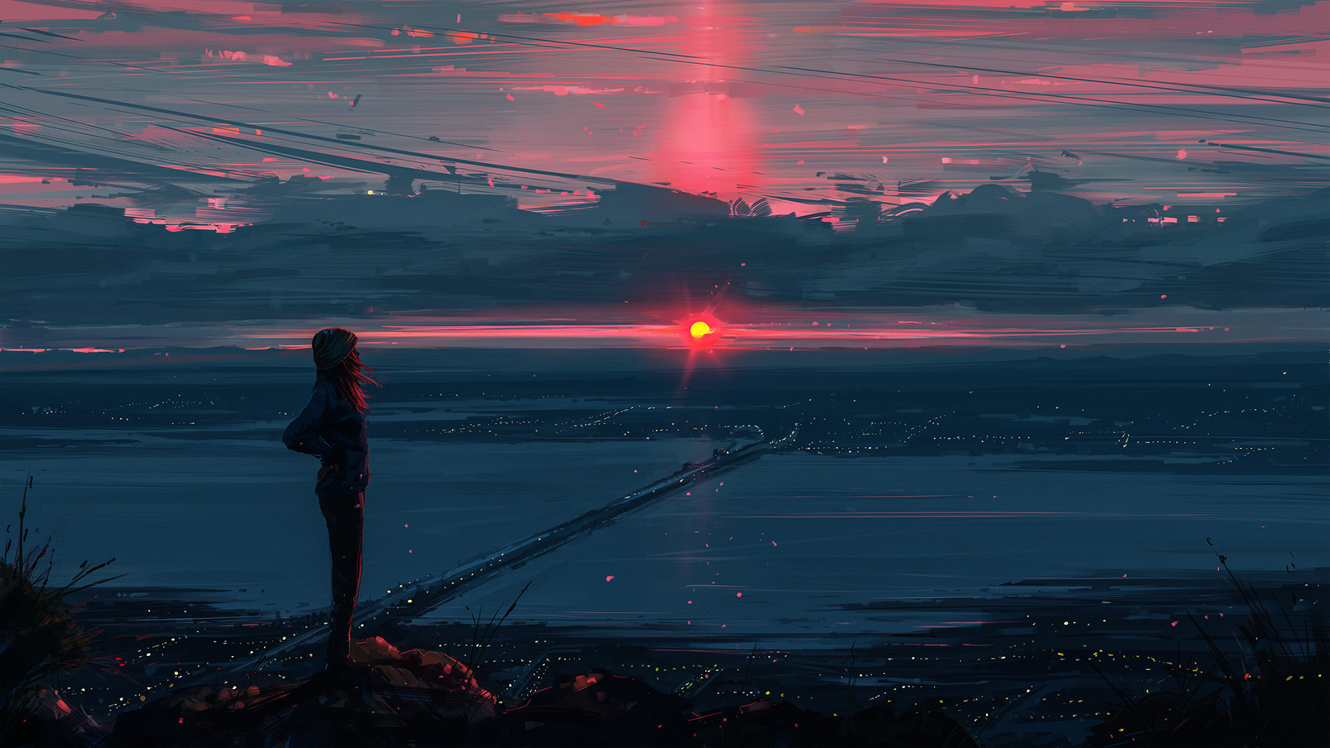 A high-definition anime landscape wallpaper depicting a person standing on a hill, gazing at a beautiful sunset over a vast ocean, with a dreamy, colorful sky.