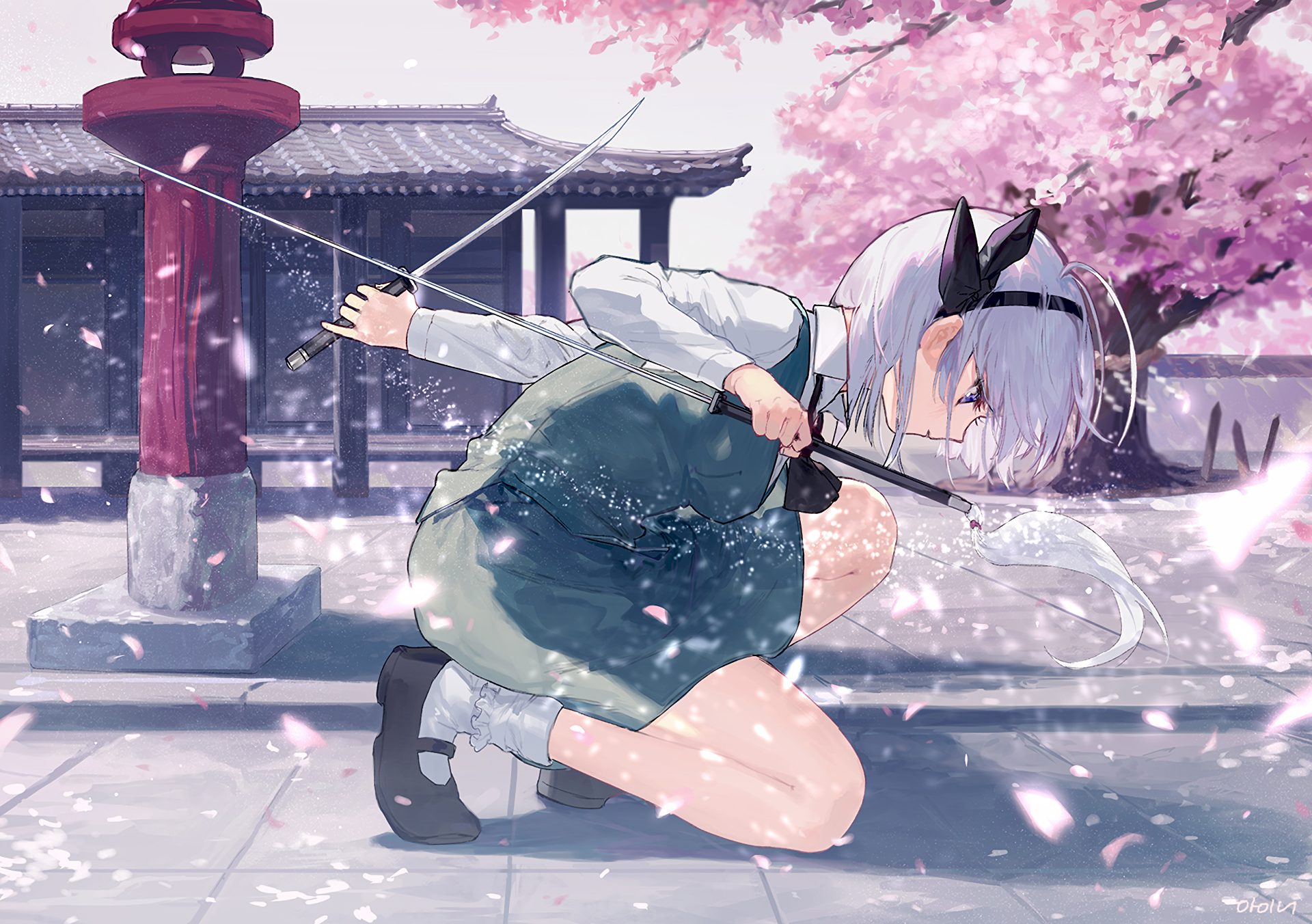 Youmu Konpaku from Touhou anime kneels in a snowy, cherry blossom-lined traditional Japanese setting, captured in a vivid HD PC desktop wallpaper.