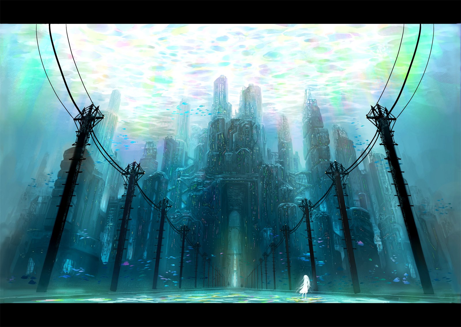 Anime-style original fantasy HD PC desktop wallpaper and background: luminous sea-town of towering buildings rising beneath shimmering light, framed by utility poles and wires, a lone figure on the flooded shore.