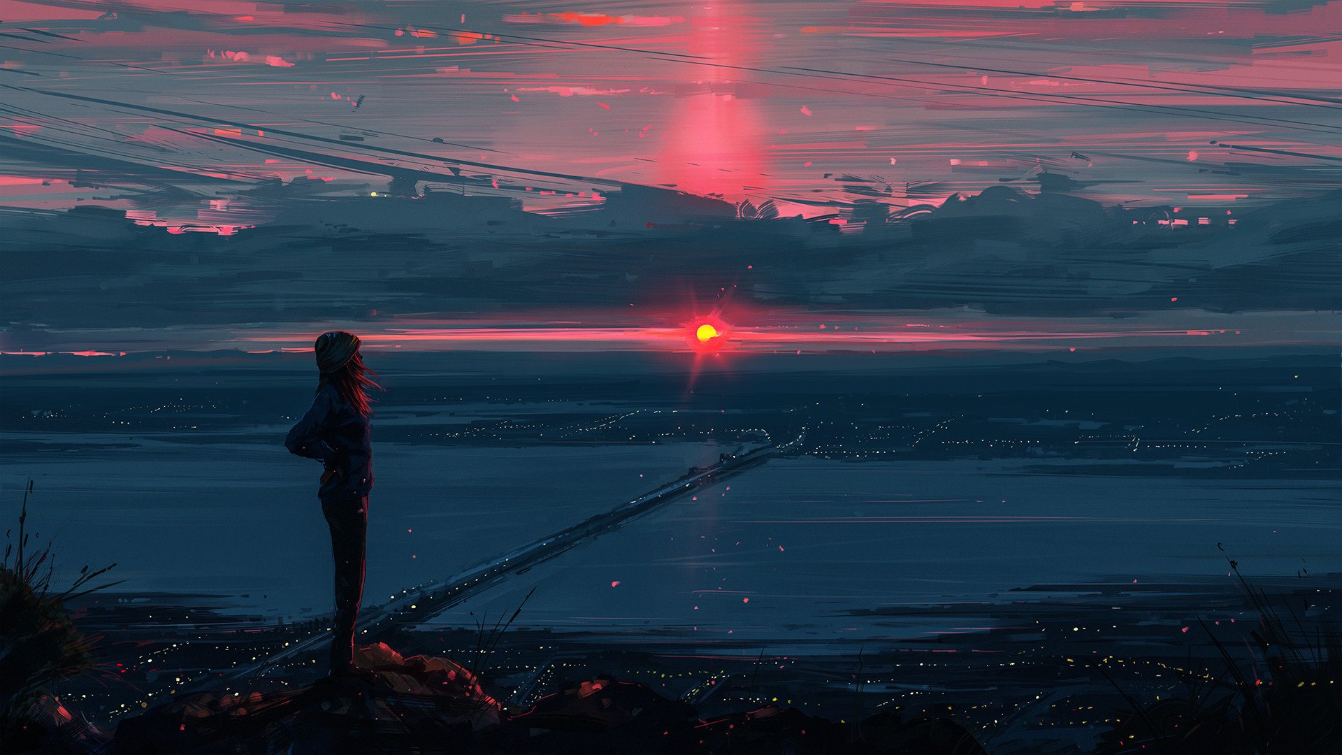 HD anime landscape wallpaper featuring a character overlooking a twilight cityscape with a stunning sunset and vibrant sky.