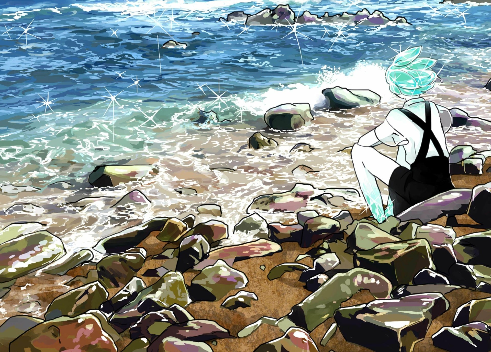 HD anime desktop wallpaper featuring Phosphophyllite from Land of the Lustrous sitting on rocky shore beside sparkling blue water.