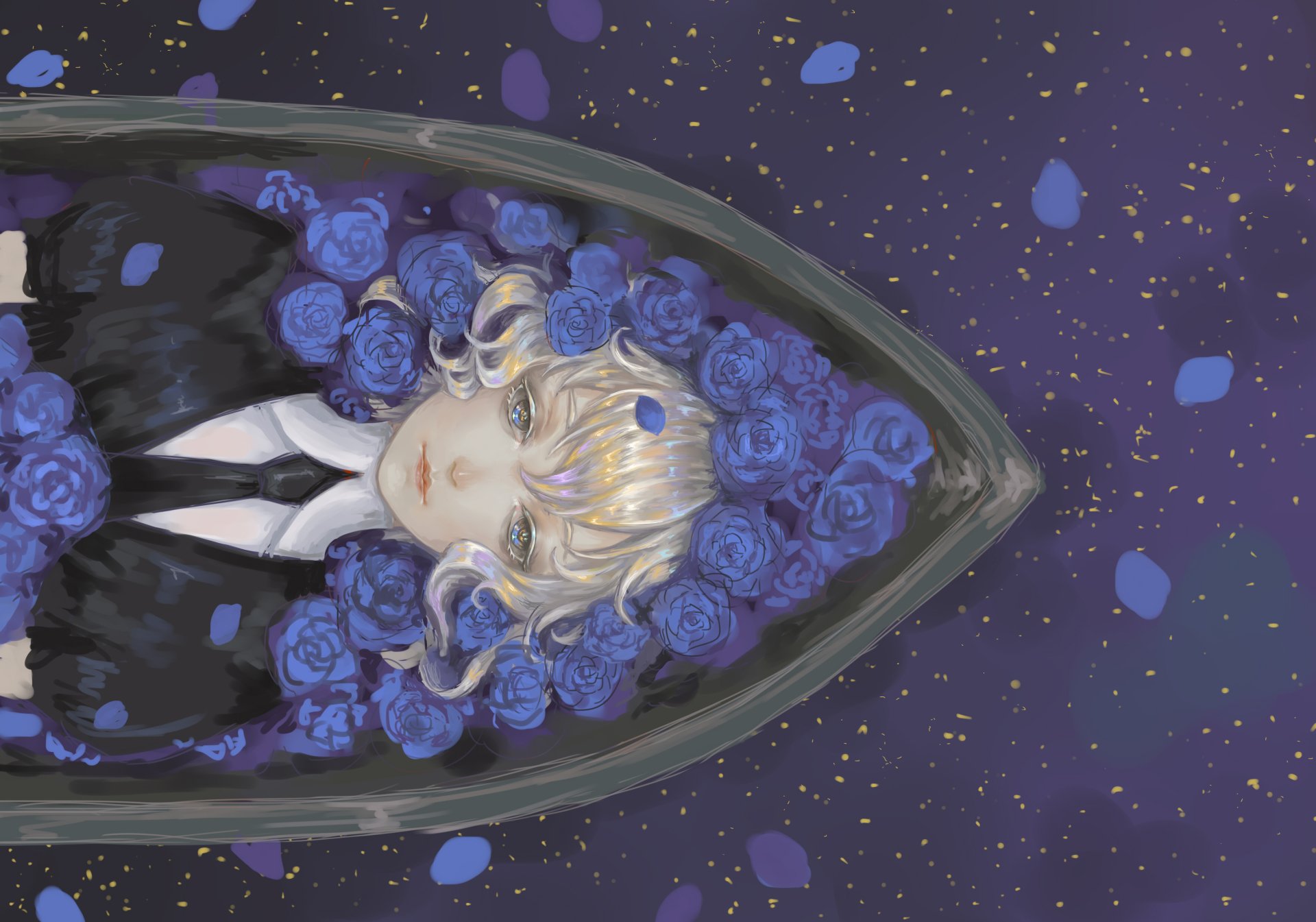 HD anime wallpaper featuring Diamond from Land of the Lustrous, surrounded by blue roses in a dark, starry setting, blending delicate art with a mystical atmosphere.