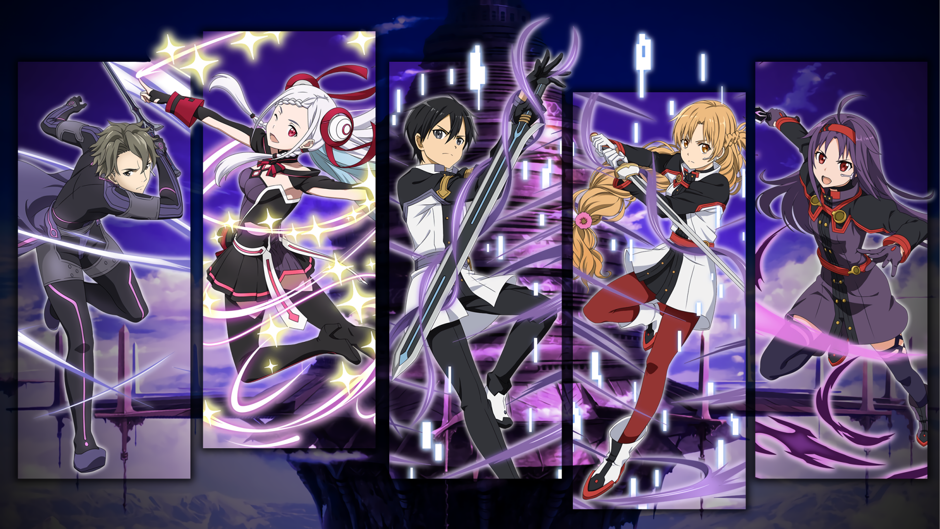 HD PC desktop wallpaper featuring Yuuki Konno, Yuna, Asuna Yuuki, and Kirito from Sword Art Online, inspired by Ordinal Scale and Memory Defrag anime scenes.