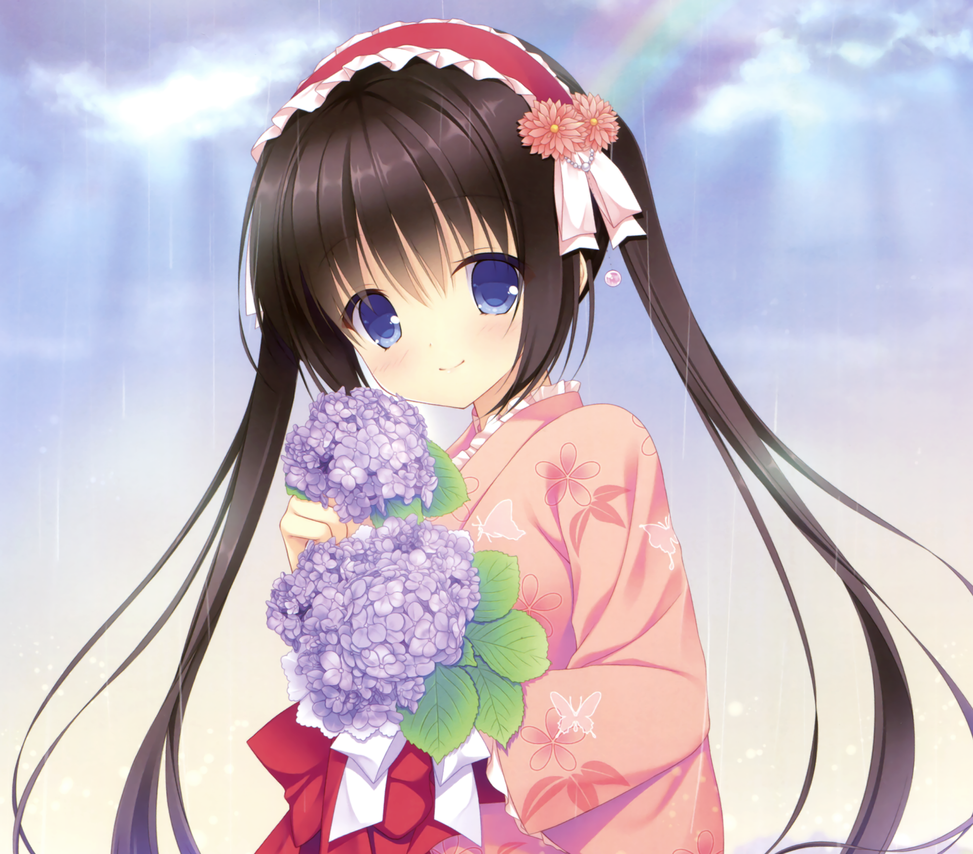 HD anime wallpaper: smiling brown-haired twin-tailed girl with blue eyes and headband, wearing a pink kimono, holding purple carnations, soft rainbow glow in the background.