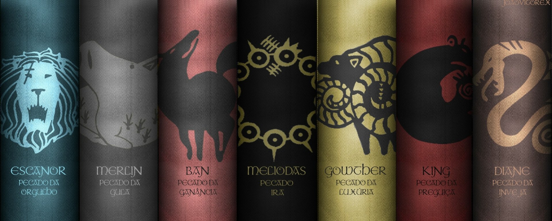 HD desktop wallpaper featuring symbolic icons of characters from The Seven Deadly Sins: Merlin, Ban, Meliodas, Gowther, and King. Each icon is displayed on a textured background with character names beneath.