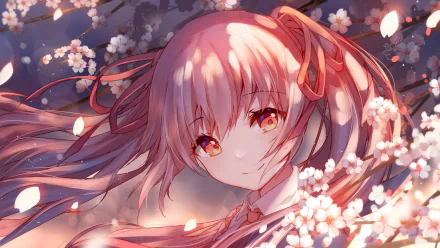 HD anime-style wallpaper featuring Sakura Miku from Vocaloid, surrounded by blooming cherry blossoms with vibrant pink hues and soft lighting effects.