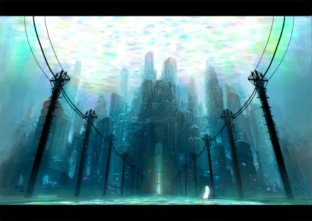 Anime-style original fantasy HD PC desktop wallpaper and background: luminous sea-town of towering buildings rising beneath shimmering light, framed by utility poles and wires, a lone figure on the flooded shore.
