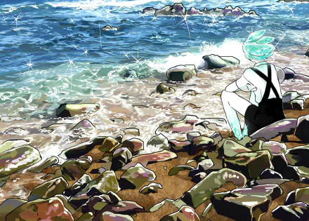 HD anime desktop wallpaper featuring Phosphophyllite from Land of the Lustrous sitting on rocky shore beside sparkling blue water.