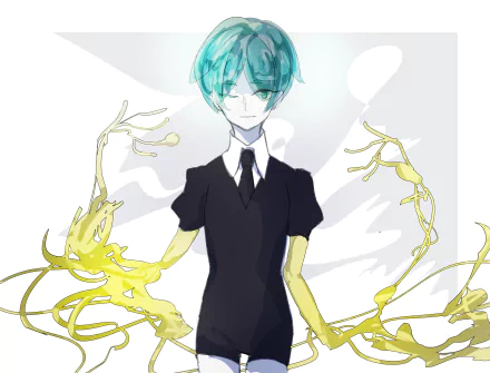 Phosphophyllite (Land of the Lustrous) — teal-haired anime gem in a black uniform and tie, golden liquid-like arms swirling against a pale backdrop. 4K Ultra HD PC desktop wallpaper.