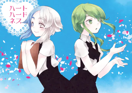 HD PC wallpaper featuring Jade and Euclase from the anime Land of the Lustrous, showcasing vibrant colors and detailed character art against a blue background.