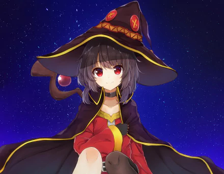 HD PC desktop wallpaper featuring Megumin from the anime KonoSuba - God’s blessing on this wonderful world!! against a starry night sky background.