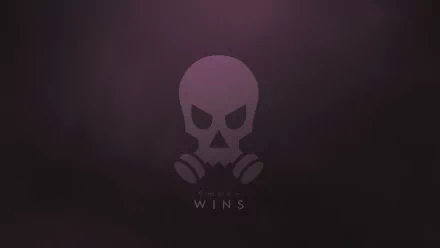 Minimalist 8K Ultra HD desktop wallpaper of Tom Clancy's Rainbow Six Siege operator Smoke: purple skull with gas mask on a dark background with faint Wins text.