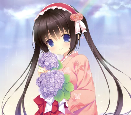 HD anime wallpaper: smiling brown-haired twin-tailed girl with blue eyes and headband, wearing a pink kimono, holding purple carnations, soft rainbow glow in the background.