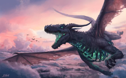 HD fantasy wallpaper featuring a menacing dragon soaring through a vibrant, colorful sky with clouds below and a flock of birds in the distance.