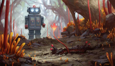 HD desktop wallpaper featuring a sci-fi scene with a robot exploring an alien forest filled with unusual vegetation and a large centipede-like creature on the ground.