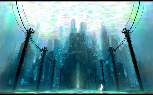 Anime Original Town Sea Light Fantasy Building HD Wallpaper | Background Image