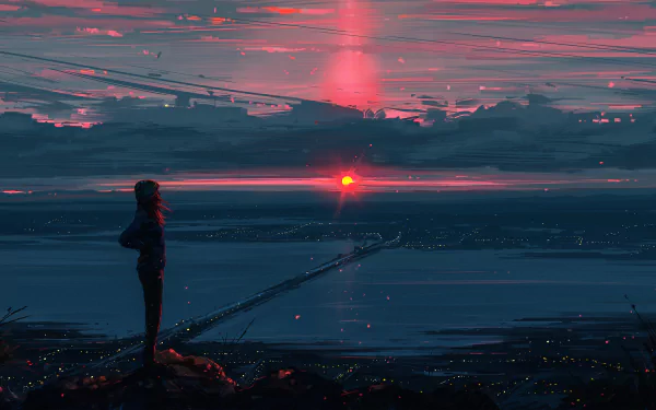 A high-definition anime landscape wallpaper depicting a person standing on a hill, gazing at a beautiful sunset over a vast ocean, with a dreamy, colorful sky.