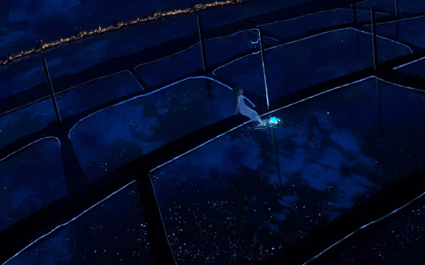 Anime girl standing by water at night with a glowing city skyline and countryside lights in the background, depicted in HD for a PC desktop wallpaper.