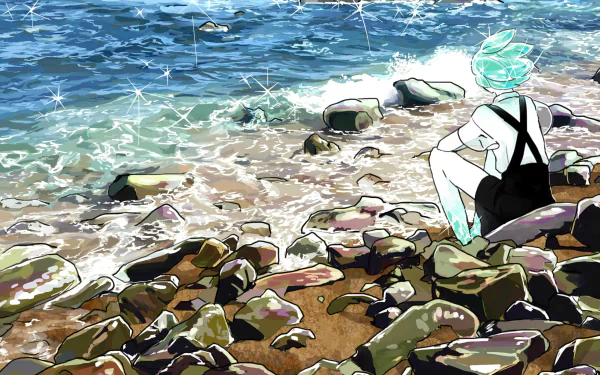 HD anime desktop wallpaper featuring Phosphophyllite from Land of the Lustrous sitting on rocky shore beside sparkling blue water.