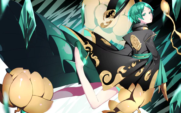 HD anime desktop wallpaper featuring Phosphophyllite from Land of the Lustrous, showcasing vibrant teal and gold accents with dynamic, elegant character design.
