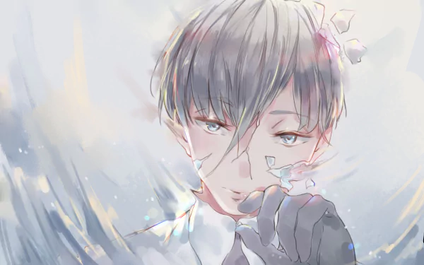 HD anime desktop wallpaper of Antarcticite from Land of the Lustrous, showcasing a serene expression with delicate crystal shards and soft, ethereal lighting.