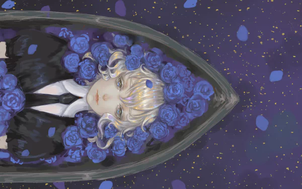 HD anime wallpaper featuring Diamond from Land of the Lustrous, surrounded by blue roses in a dark, starry setting, blending delicate art with a mystical atmosphere.