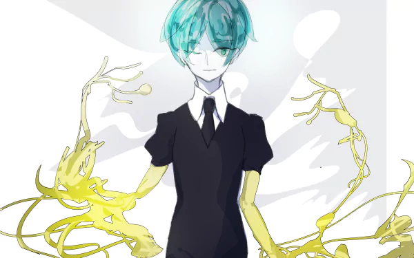 Phosphophyllite (Land of the Lustrous) — teal-haired anime gem in a black uniform and tie, golden liquid-like arms swirling against a pale backdrop. 4K Ultra HD PC desktop wallpaper.