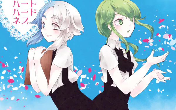 HD PC wallpaper featuring Jade and Euclase from the anime Land of the Lustrous, showcasing vibrant colors and detailed character art against a blue background.