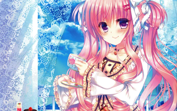 blush braid purple eyes bow (Clothing) teacup cake smile pink hair twintails long hair Anime Original HD Desktop Wallpaper | Background Image