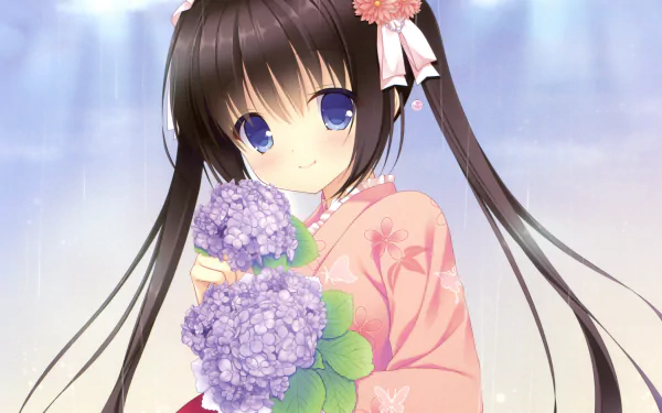 HD anime wallpaper: smiling brown-haired twin-tailed girl with blue eyes and headband, wearing a pink kimono, holding purple carnations, soft rainbow glow in the background.