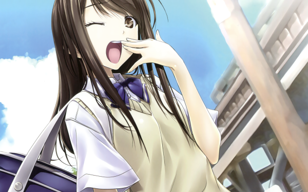 Anime Original Long Hair Brown Hair Brown Eyes Wink Yawn Bag bow HD Wallpaper | Background Image