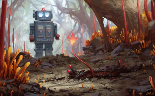 HD desktop wallpaper featuring a sci-fi scene with a robot exploring an alien forest filled with unusual vegetation and a large centipede-like creature on the ground.