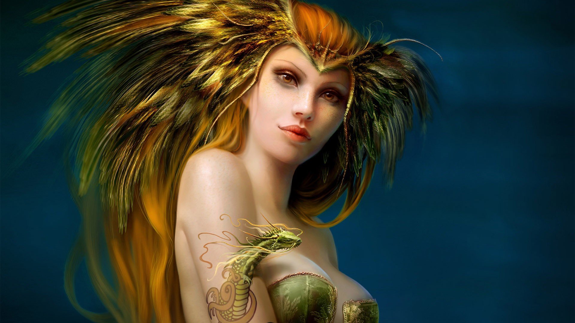 A captivating fantasy-themed HD desktop wallpaper featuring a woman with striking golden hair and an intricate snake tattoo, set against a deep blue background.