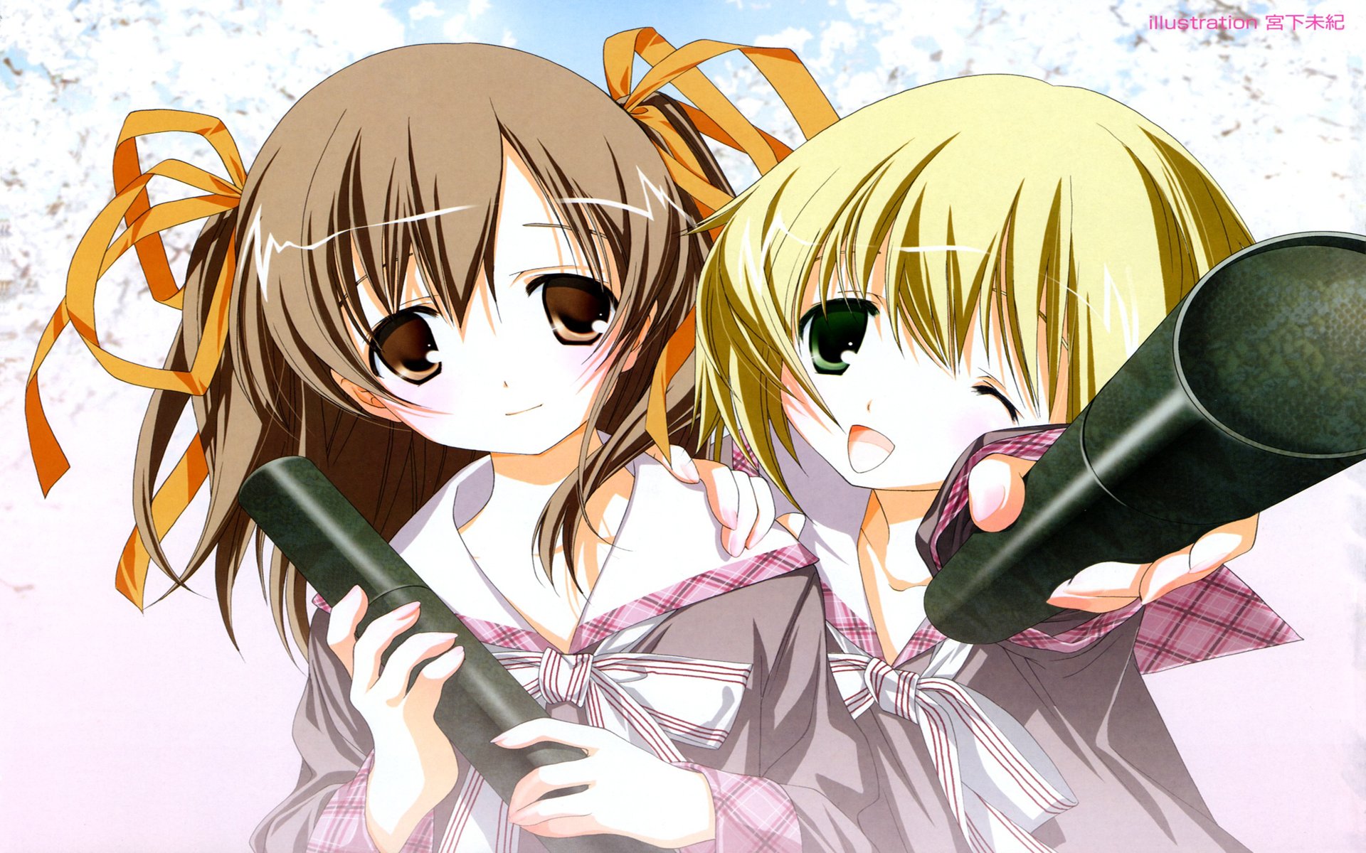 Download Brown Eyes Bow (Clothing) Smile Cherry Blossom Wink Brown Hair Green Eyes Twintails Blonde Short Hair Anime Original HD Wallpaper by Miyashita Miki