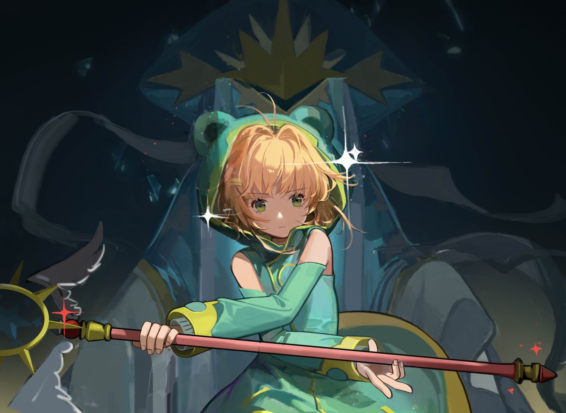 Sakura Kinomoto from Cardcaptor Sakura is depicted in this detailed 4K Ultra HD anime PC desktop wallpaper holding her staff with a determined expression.