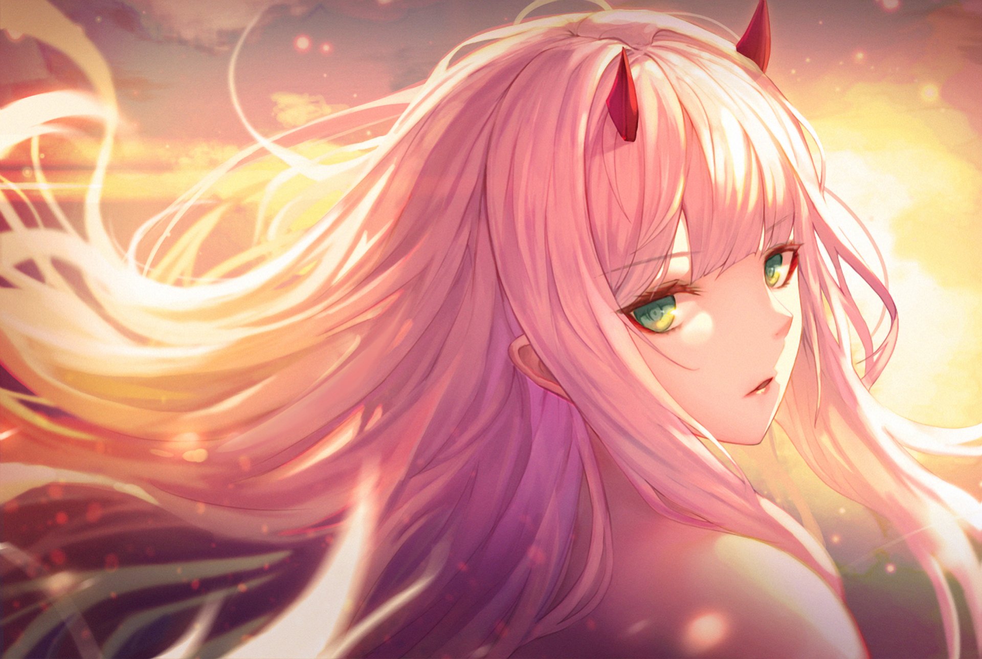 HD desktop wallpaper featuring Zero Two from Darling in the FranXX, showcasing her with flowing pink hair and red horns against a vibrant, warm background.