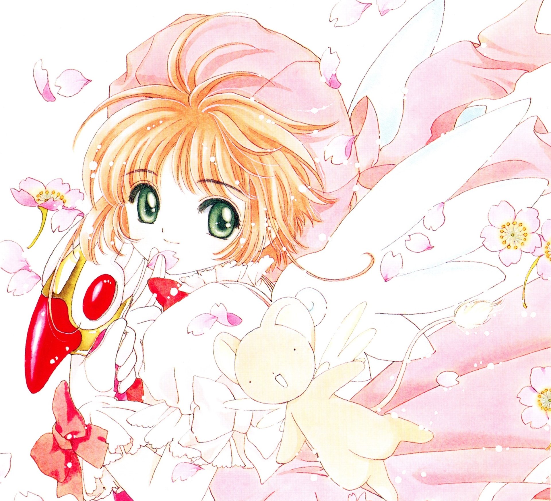 HD PC desktop wallpaper and background: Sakura Kinomoto with Keroberos from Cardcaptor Sakura — pastel anime scene of Sakura in a white dress holding her staff, Keroberos among cherry blossoms.