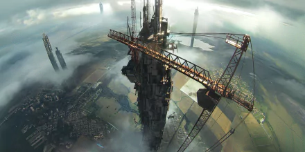 A towering sci-fi city under construction with massive cranes emerging through the clouds, captured in high-definition for a dramatic PC desktop wallpaper.