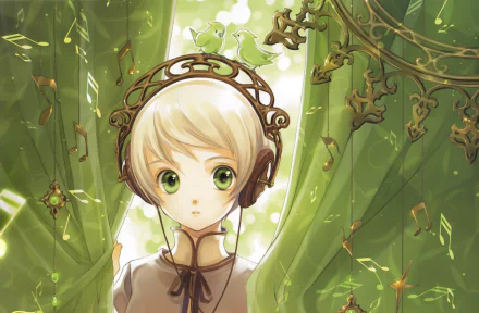 Anime girl with short blonde hair and green eyes wearing headphones, flanked by tiny green anime birds and musical notes among leafy curtains — 5K Ultra HD PC desktop wallpaper.