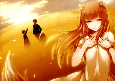 Anime-style 4K Ultra HD wallpaper featuring Holo and Kraft Lawrence from Spice and Wolf in a golden wheat field with warm, glowing sunlight.