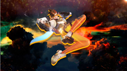 Tracer (Overwatch) mid-air action pose, orange suit and glowing chronal accelerator, dual pistols firing against fiery cosmic clouds — 2K Quad HD PC desktop wallpaper/background, video game art.