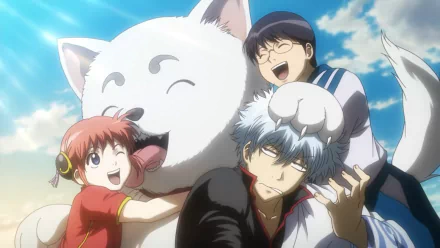 HD anime desktop wallpaper featuring Gintama characters Sadaharu, Shimura Shinpachi, Kagura, and Gintoki Sakata enjoying a bright, cheerful day outdoors.
